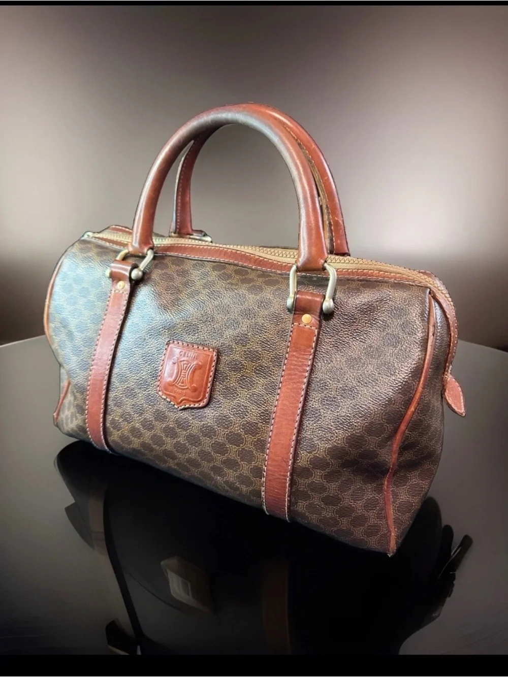 CELINE Brown Logo Satchel/Boston Handbag Zip Closure